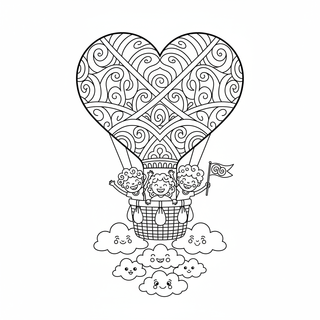 Balon na ogrzane powietrze w kształcie serca unoszący się na niebie, z ludźmi machającymi z kosza, kolorowanka dla dz...