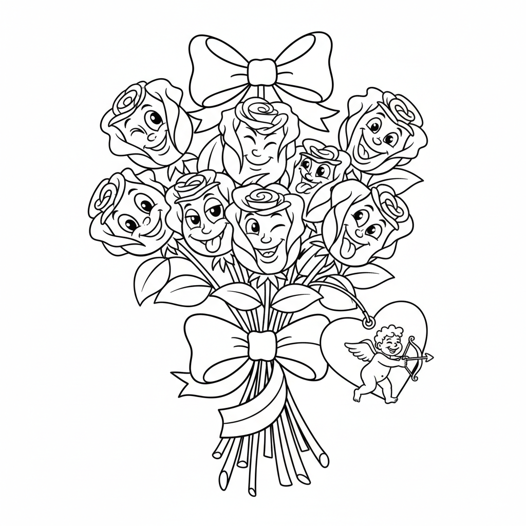 Bukiet róż związany wstążką, z etykietą "Bądź moją Walentynką", kolorowanka dla dzieci, czarne kontury, białe ...