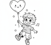 Szczęśliwy chłopiec trzymający balon w kształcie serca, kolorowanka dla dzieci, czarne kontury, białe tło.