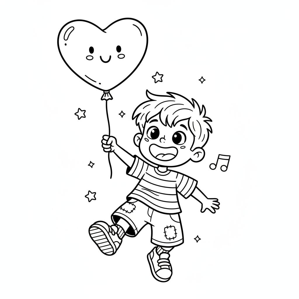 Szczęśliwy chłopiec trzymający balon w kształcie serca, kolorowanka dla dzieci, czarne kontury, białe tło.