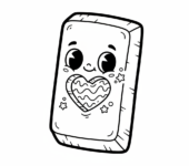 Tabliczka czekolady z odgryzionym kawałkiem w kształcie serca, kolorowanka dla dzieci, czarne kontury, białe tło.