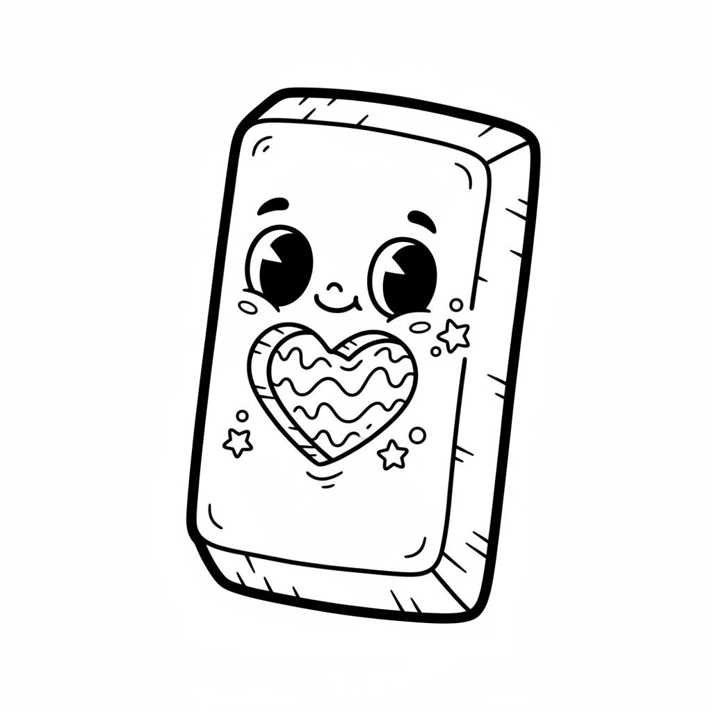 Tabliczka czekolady z odgryzionym kawałkiem w kształcie serca, kolorowanka dla dzieci, czarne kontury, białe tło.