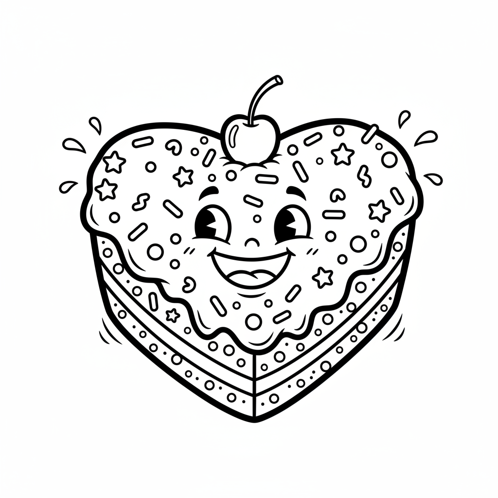 Czekoladowy tort w kształcie serca, z lukrem i posypką, kolorowanka dla dzieci, czarne kontury, białe tło.