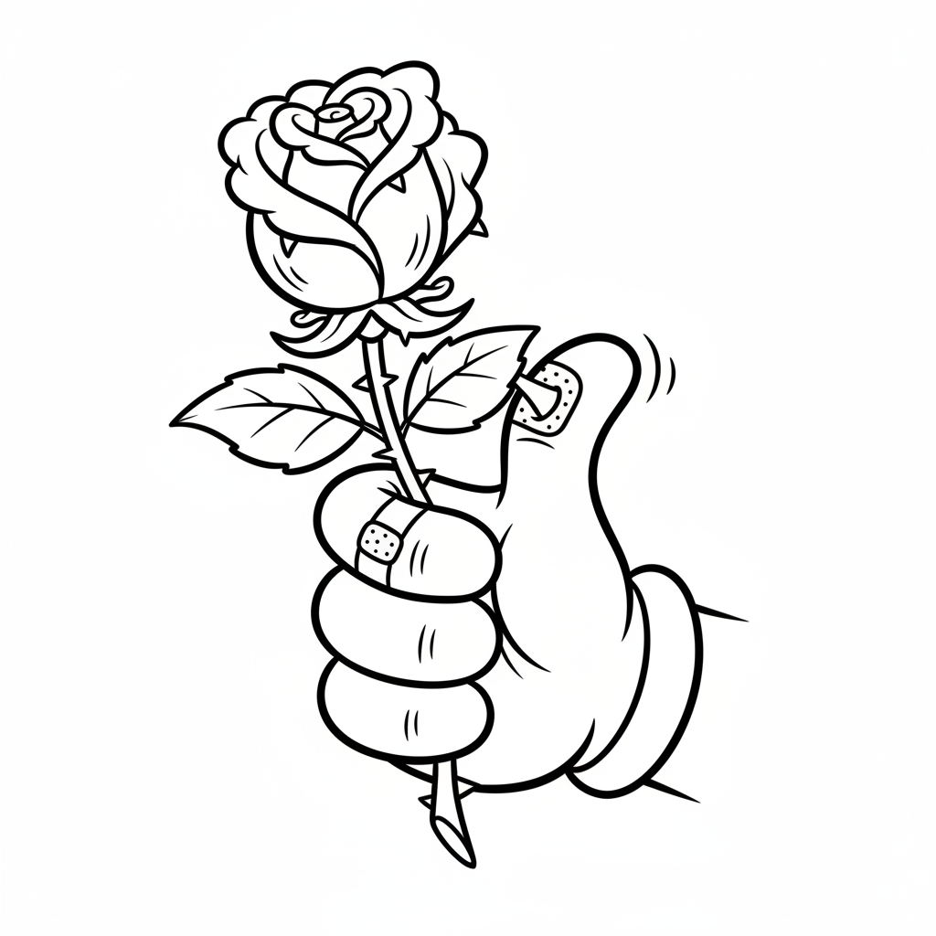 Dłoń trzymająca pojedynczą różę, z kolcami i liśćmi, kolorowanka dla dzieci, czarne kontury, białe tło.