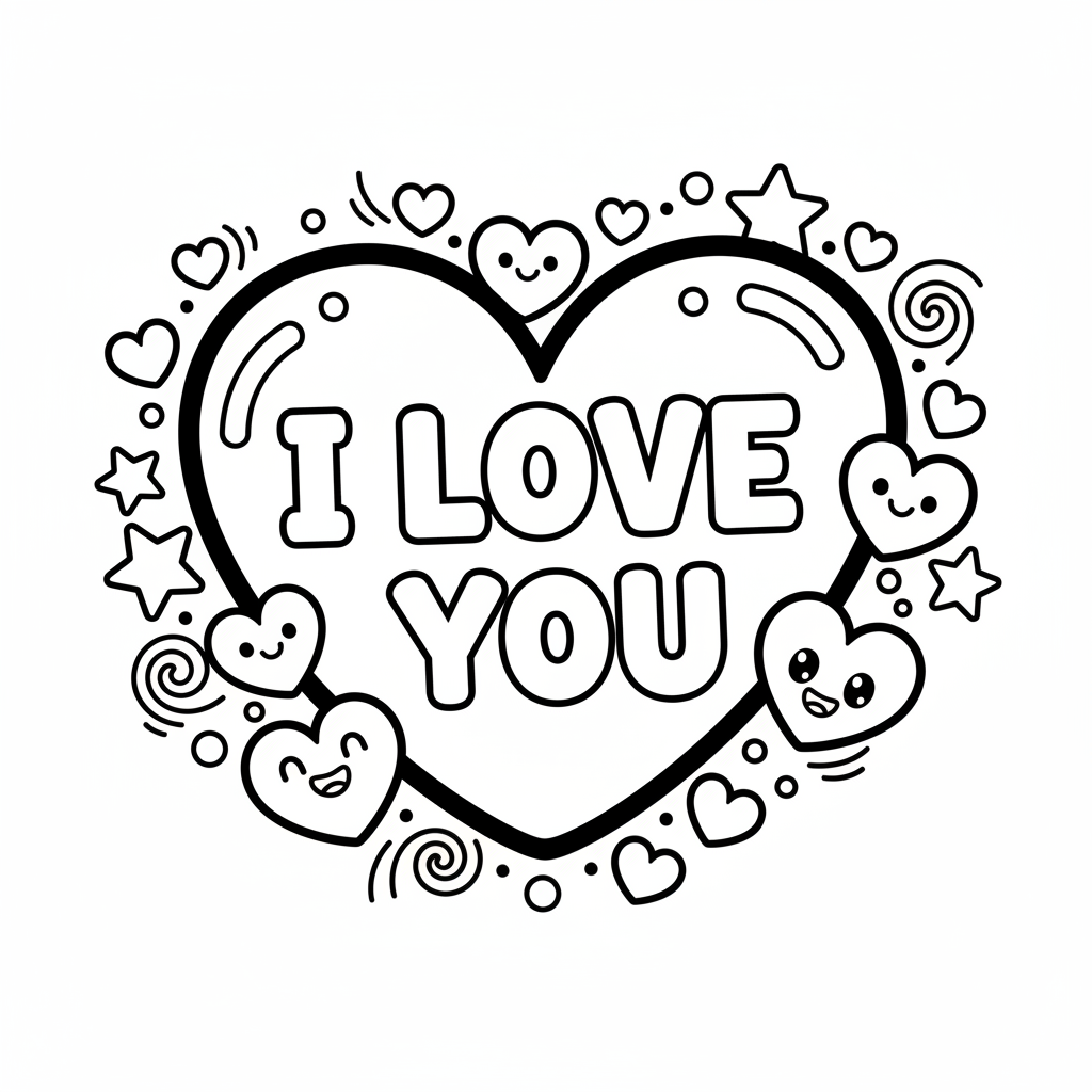 Duże serce z napisem "Kocham Cię", otoczone mniejszymi sercami i gwiazdkami, kolorowanka dla dzieci, czarne kontury, bia...