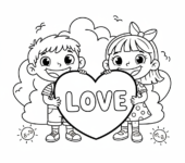 Dwójka dzieci trzymających duży znak w kształcie serca z napisem "Miłość", kolorowanka dla dzieci, czarne kontury, ...