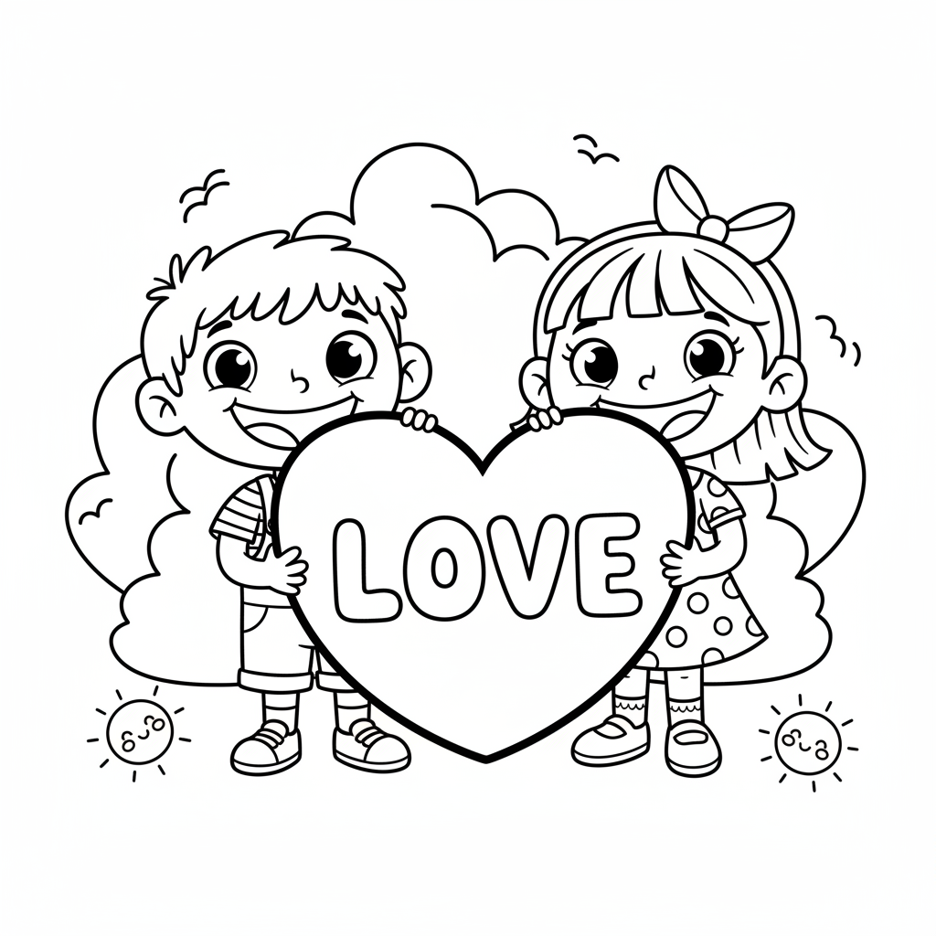 Dwójka dzieci trzymających duży znak w kształcie serca z napisem "Miłość", kolorowanka dla dzieci, czarne kontury, ...