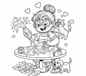 Dziecko robiące kartkę walentynkową dla przyjaciela, z klejem i brokatem, kolorowanka dla dzieci, czarne kontury, biał...