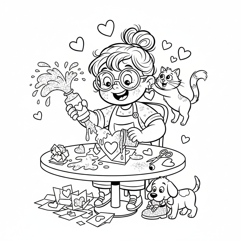 Dziecko robiące kartkę walentynkową dla przyjaciela, z klejem i brokatem, kolorowanka dla dzieci, czarne kontury, biał...