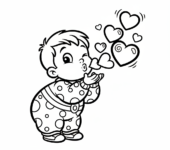 Dziecko wysyłające całusa, z serduszkami unoszącymi się w powietrzu, kolorowanka dla dzieci, czarne kontury, białe t...