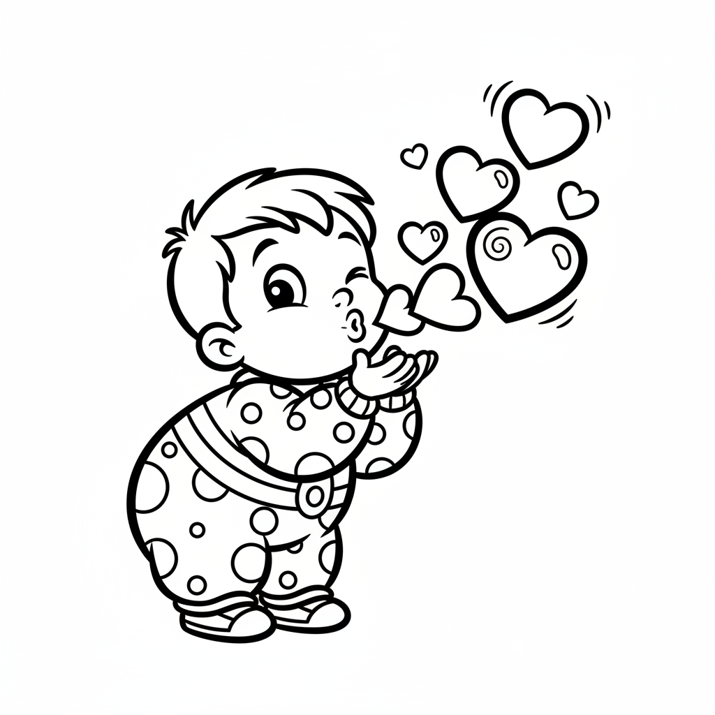 Dziecko wysyłające całusa, z serduszkami unoszącymi się w powietrzu, kolorowanka dla dzieci, czarne kontury, białe t...