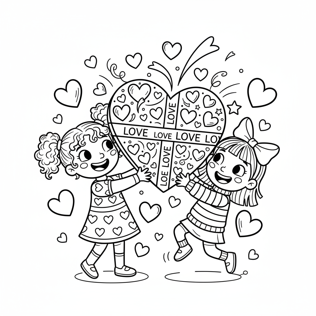 Dziewczynka dająca przyjaciółce prezent walentynkowy, owinięty z miłością, kolorowanka dla dzieci, czarne kontury, ...