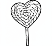 Gigantyczny lizak w kształcie serca z wirami, kolorowanka dla dzieci, czarne kontury, białe tło.