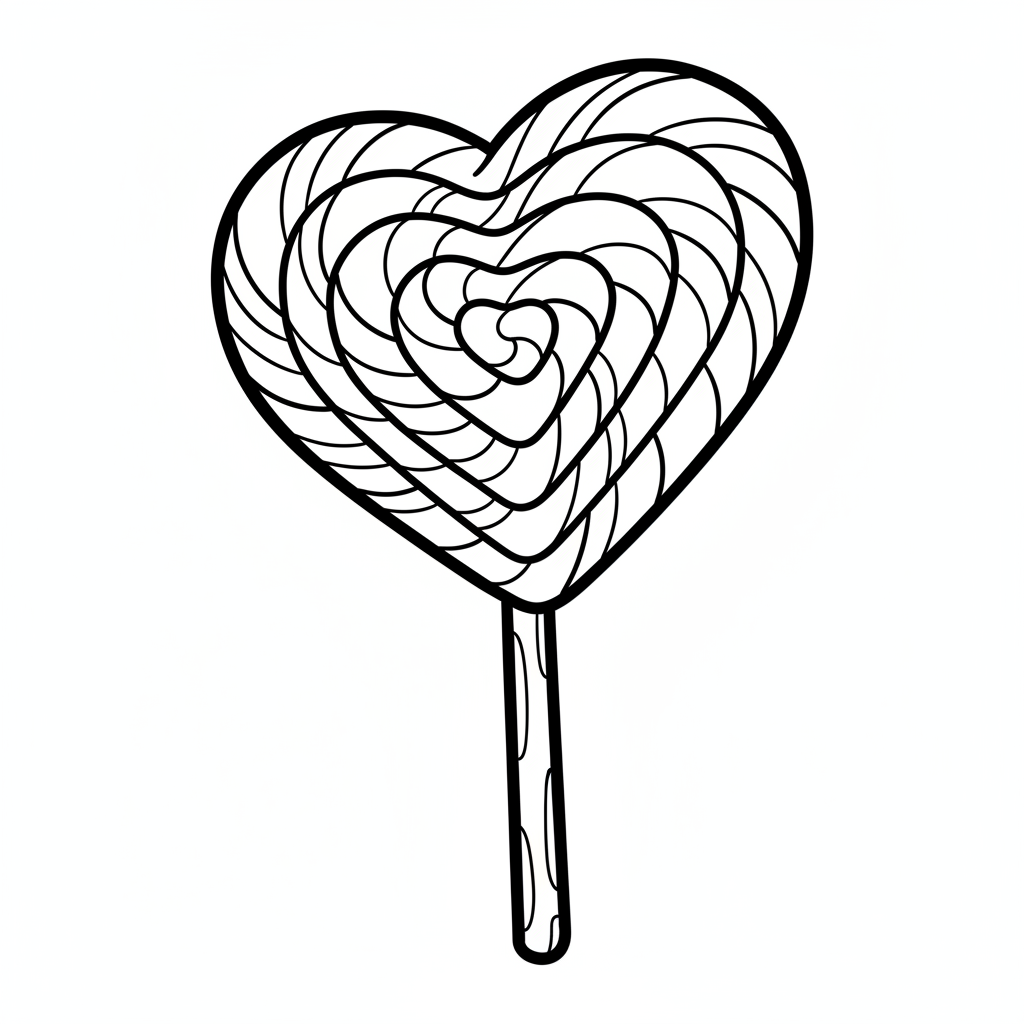 Gigantyczny lizak w kształcie serca z wirami, kolorowanka dla dzieci, czarne kontury, białe tło.