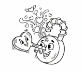 Klucz w kształcie serca otwierający kłódkę, symbolizujący otwarcie się na miłość, kolorowanka dla dzieci, czarne...