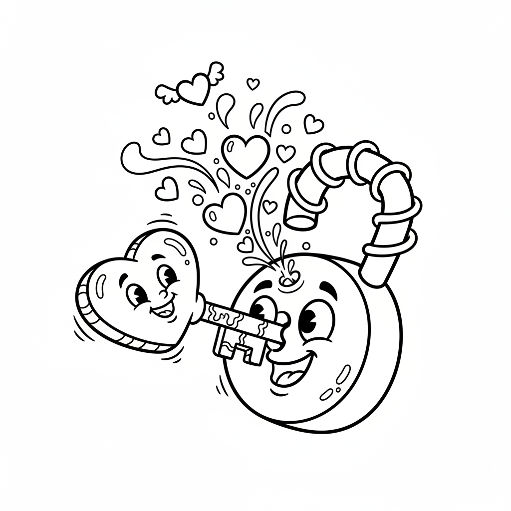 Klucz w kształcie serca otwierający kłódkę, symbolizujący otwarcie się na miłość, kolorowanka dla dzieci, czarne...