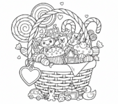 Uroczy koszyk wypełniony różnymi słodyczami i małymi prezentami, z etykietą w kształcie serca, black outline, white...