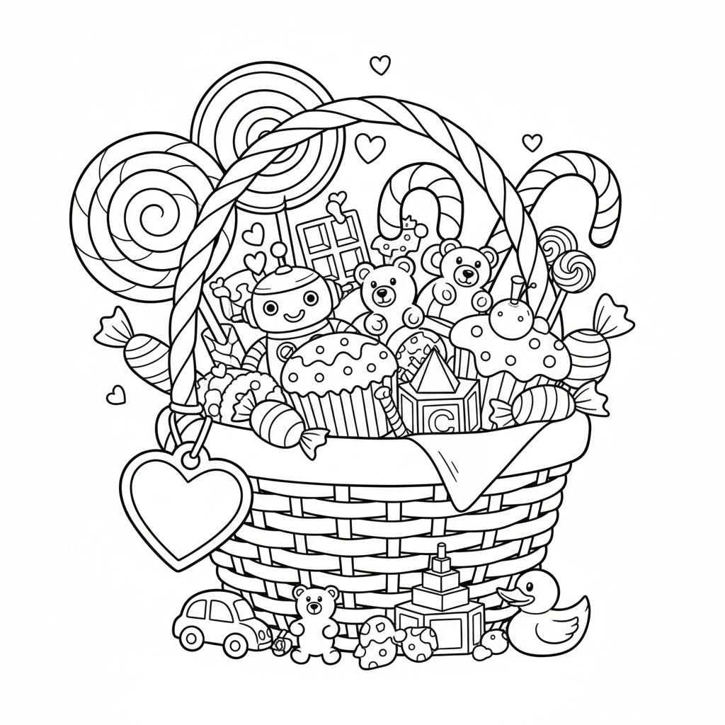 Uroczy koszyk wypełniony różnymi słodyczami i małymi prezentami, z etykietą w kształcie serca, black outline, white...
