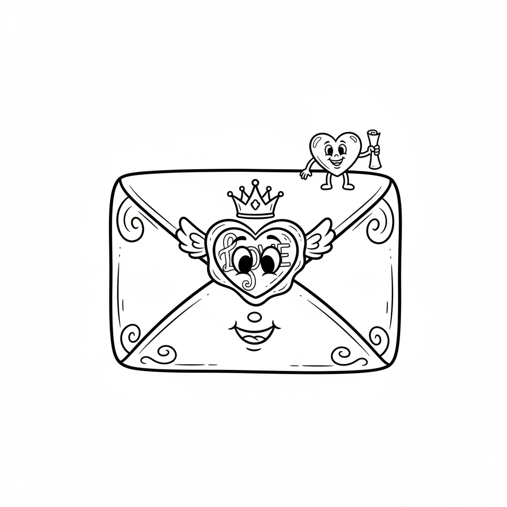 List "Miłość" w eleganckiej kopercie z pieczęcią w kształcie serca, kolorowanka dla dzieci, czarne kontury, białe t...