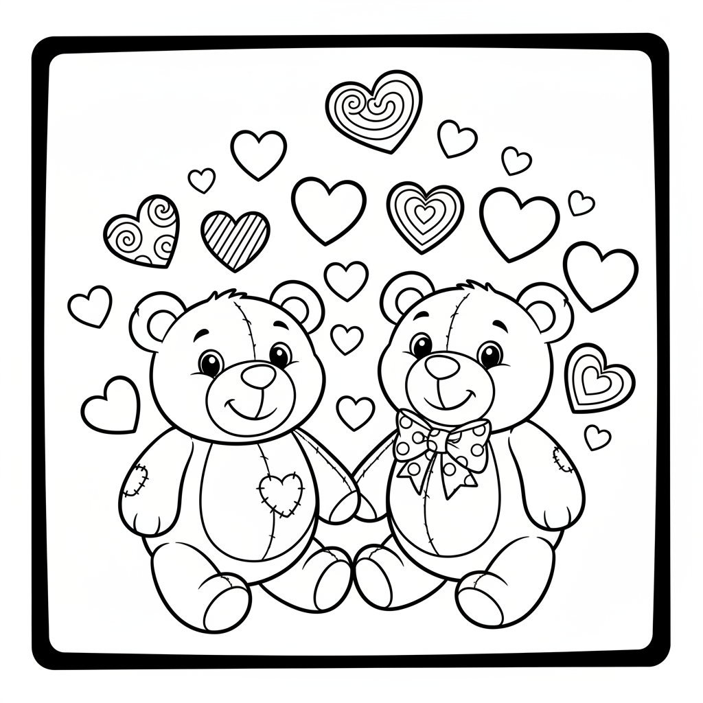 Dwa słodkie misie trzymające się za rączki, otoczone serduszkami, kolorowanka dla dzieci, czarne kontury, białe tło.