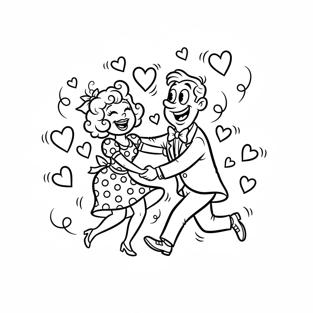 Para tańcząca radośnie, otoczona unoszącymi się sercami, kolorowanka dla dzieci, czarne kontury, białe tło.