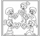 Grupa różnorodnych przyjaciół wymieniających kartki walentynkowe, uśmiechających się radośnie, kolorowanka dla dz...