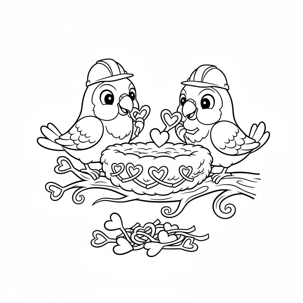 Para ptaszków miłości budujących razem gniazdo, z małymi gałązkami w kształcie serca, black outline, white backgro...