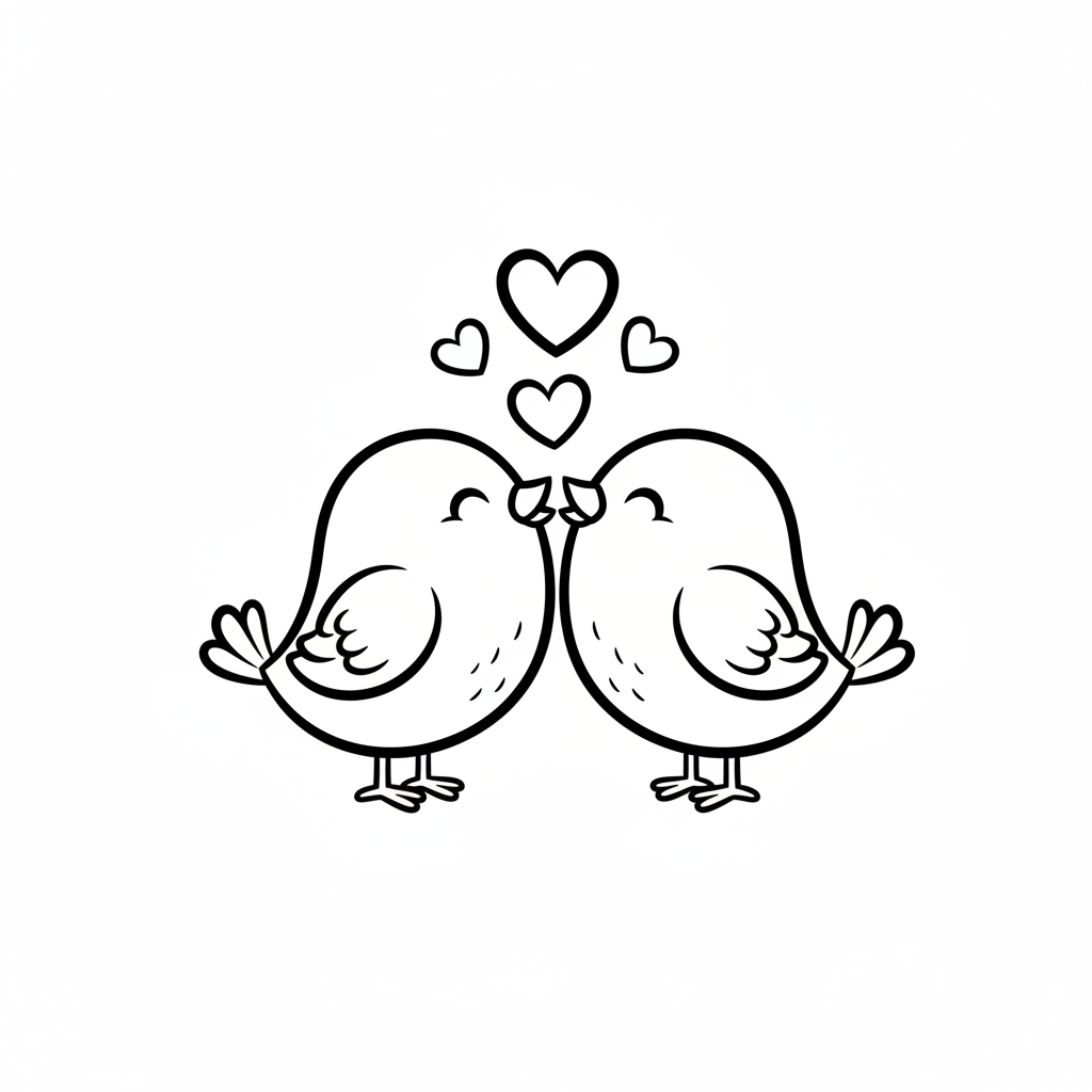 Para słodkich małych ptaszków całujących się, z sercami nad nimi, kolorowanka dla dzieci, czarne kontury, białe tło.