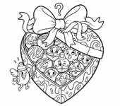 Pudełko czekoladek w kształcie serca z kokardą, kolorowanka dla dzieci, czarne kontury, białe tło.