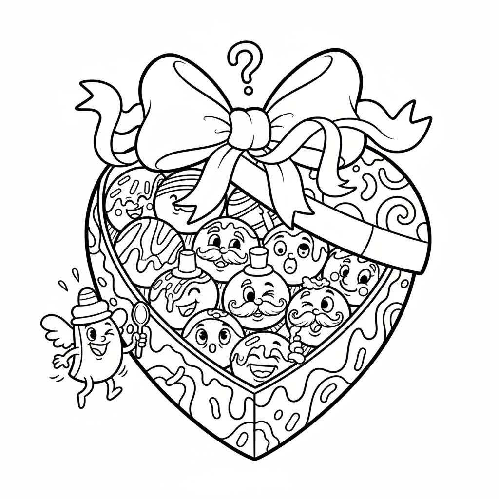 Pudełko czekoladek w kształcie serca z kokardą, kolorowanka dla dzieci, czarne kontury, białe tło.