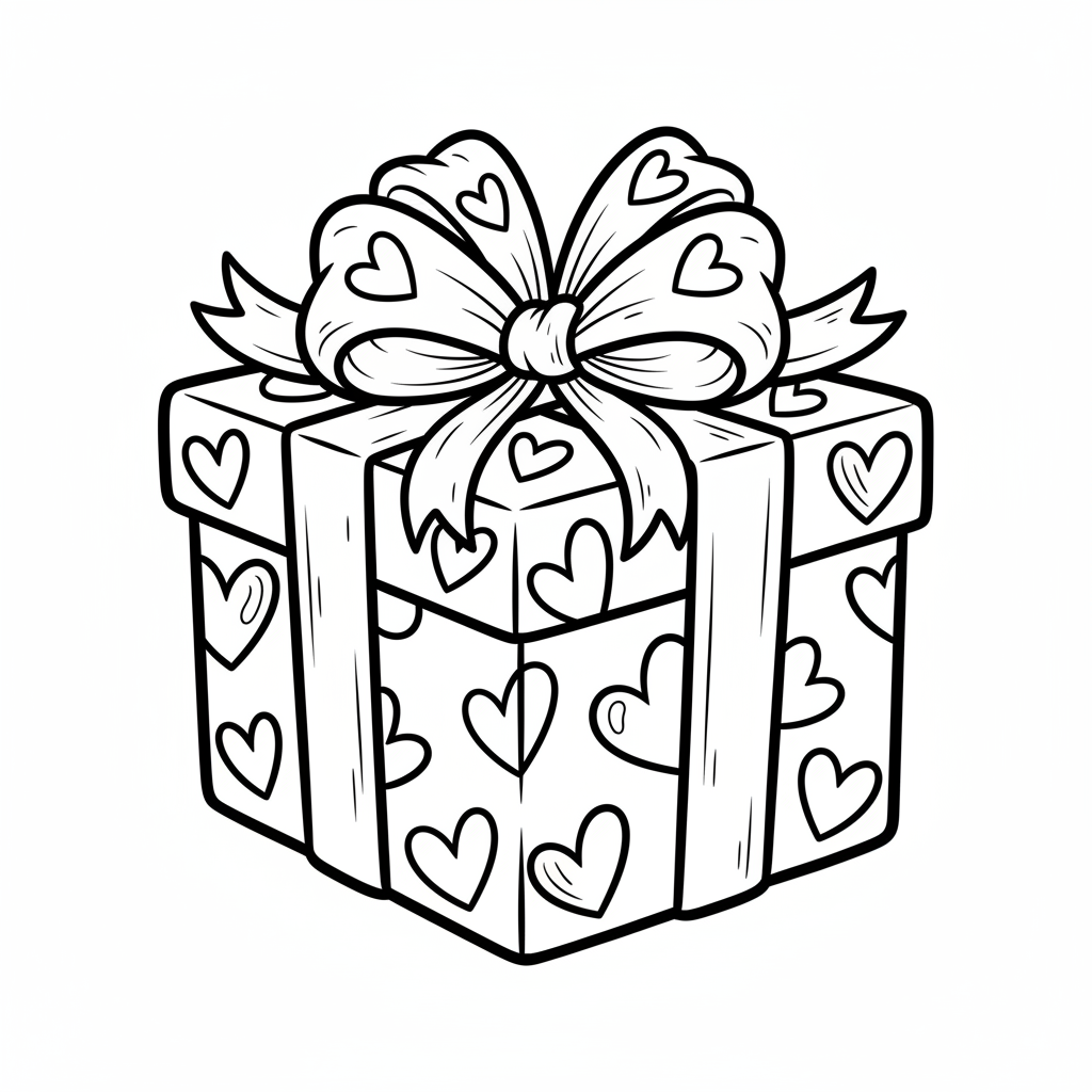 Piękne pudełko prezentowe owinięte papierem w serduszka i z dużą wstążką, kolorowanka dla dzieci, czarne kontury, ...