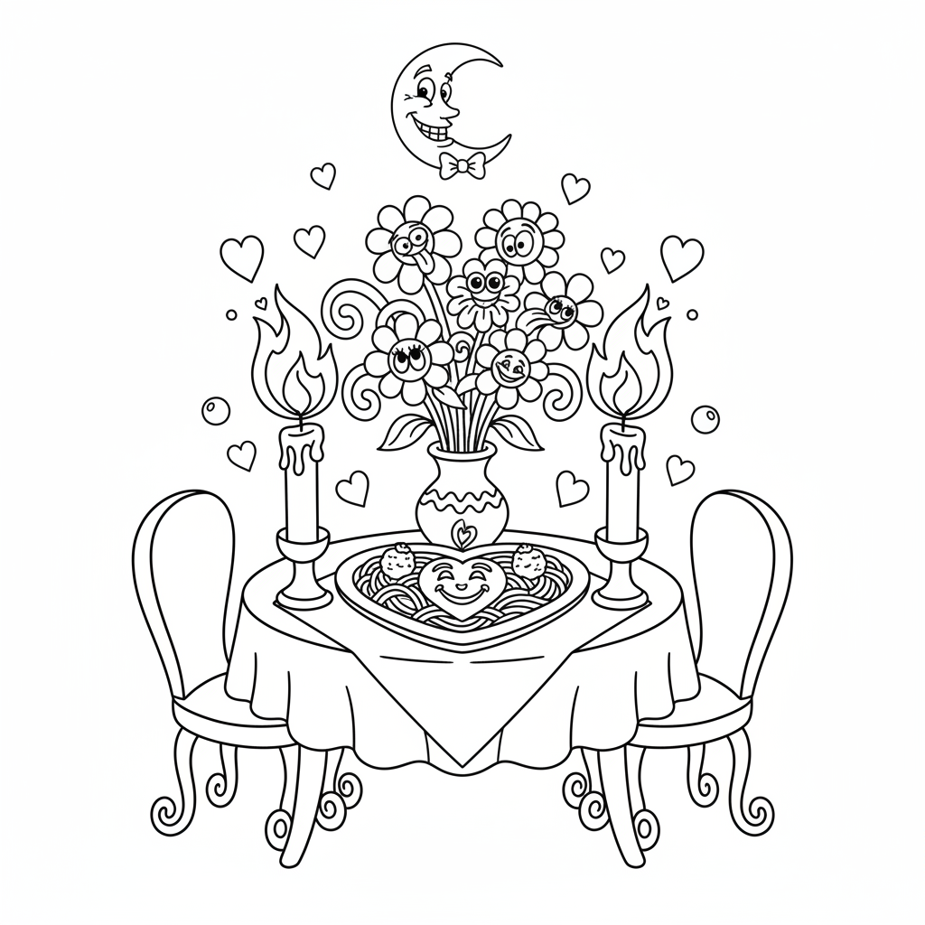 Romantyczny nakrycie stołu z świecami, kwiatami i talerzem w kształcie serca, kolorowanka dla dzieci, czarne kontury, b...
