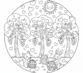 Fantazyjna scena z sercami wiszącymi na drzewach jak owoce, kolorowanka dla dzieci, czarne kontury, białe tło.