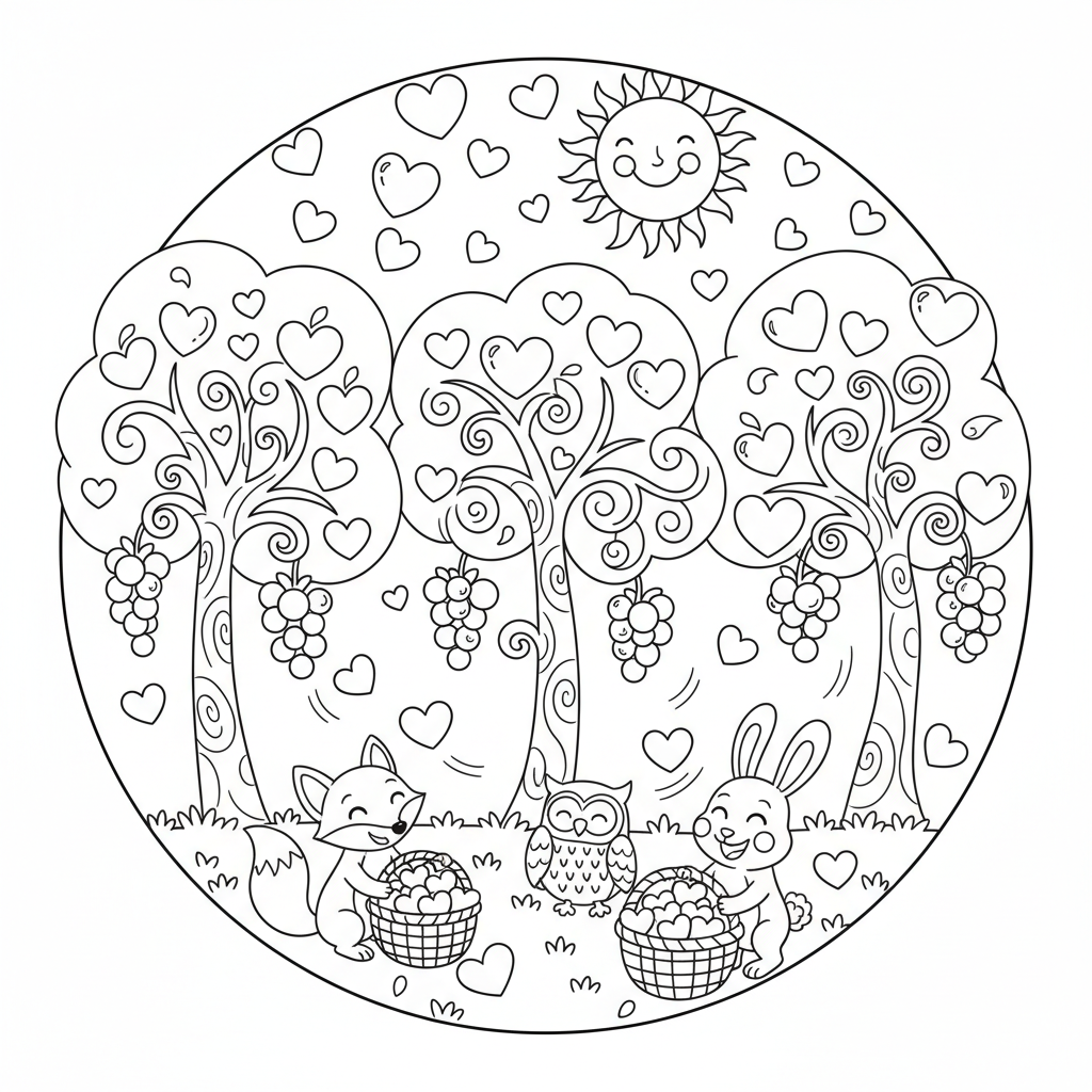 Fantazyjna scena z sercami wiszącymi na drzewach jak owoce, kolorowanka dla dzieci, czarne kontury, białe tło.