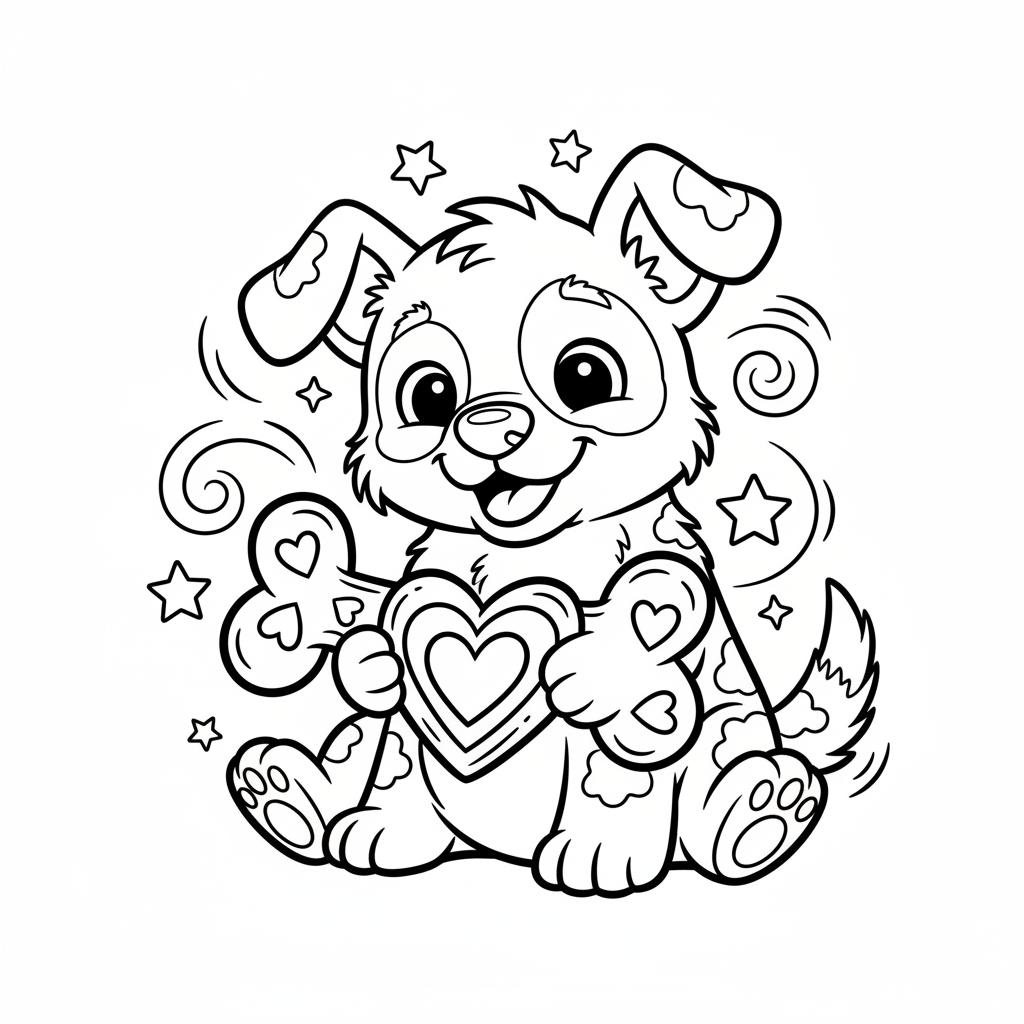 Uroczy szczeniak trzymający kość w kształcie serca, kolorowanka dla dzieci, czarne kontury, białe tło.