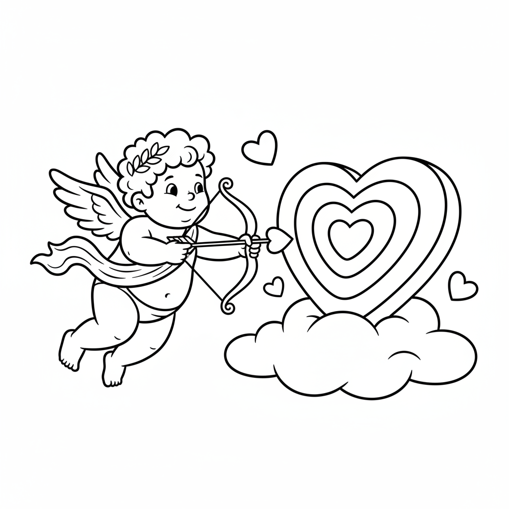 Uroczy Amor latający z łukiem i strzałą, celujący w tarczę w kształcie serca, kolorowanka dla dzieci, czarne kontur...