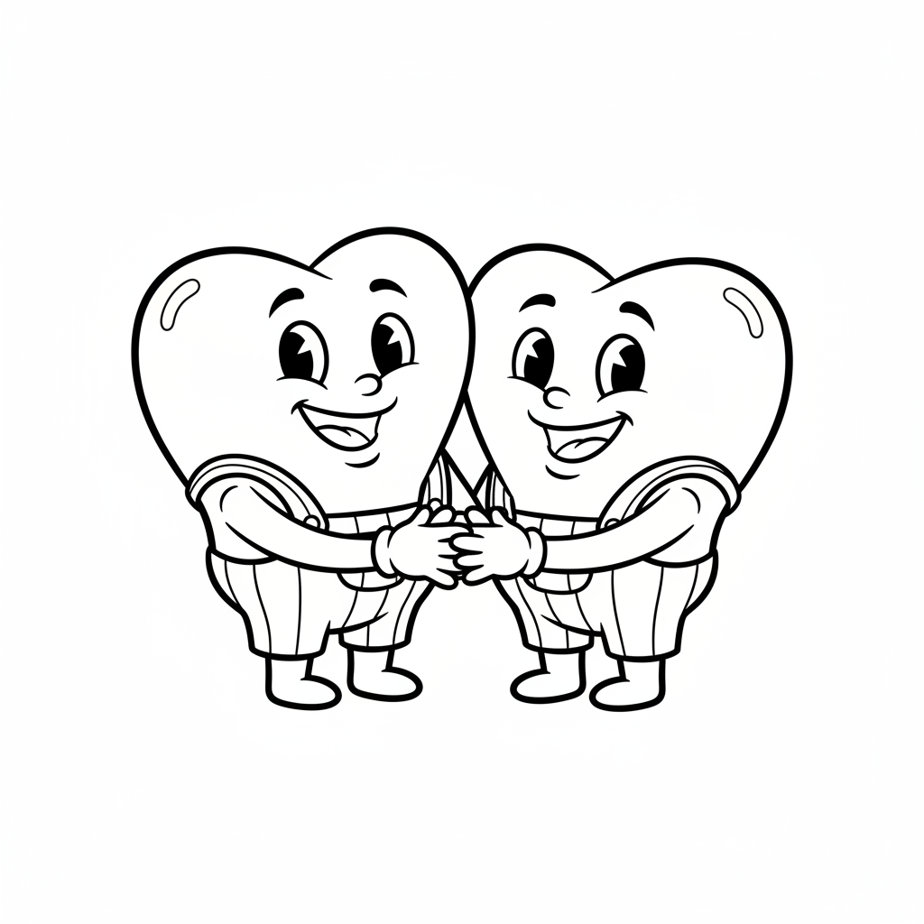 Para uśmiechniętych postaci serc trzymających się za ręce, kolorowanka dla dzieci, czarne kontury, białe tło.