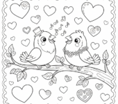 Dwa zakochane ptaszki siedzące na gałęzi, słodko śpiewające, otoczone serduszkami, kolorowanka dla dzieci, czarne ko...