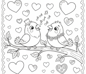 Dwa zakochane ptaszki siedzące na gałęzi, słodko śpiewające, otoczone serduszkami, kolorowanka dla dzieci, czarne ko...