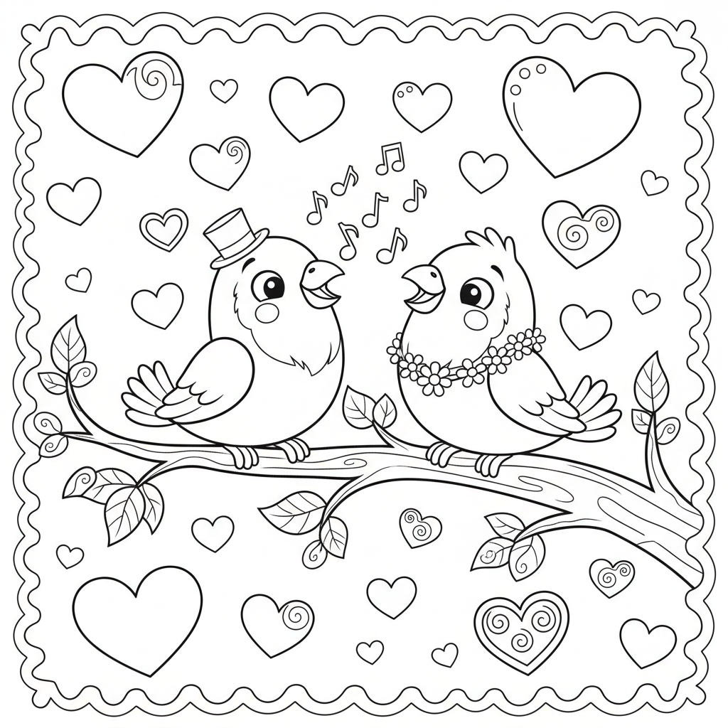 Dwa zakochane ptaszki siedzące na gałęzi, słodko śpiewające, otoczone serduszkami, kolorowanka dla dzieci, czarne ko...