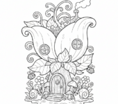 Domek wróżek ukryty w gigantycznym kwiecie, z małymi drzwiami i oknami, kolorowanka dla dzieci, czarne kontury, białe ...