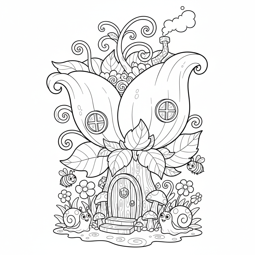 Domek wróżek ukryty w gigantycznym kwiecie, z małymi drzwiami i oknami, kolorowanka dla dzieci, czarne kontury, białe ...