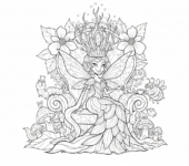 Królowa wróżek siedząca na tronie z kwiatów, nosząca majestatyczną koronę, kolorowanka dla dzieci, czarne kontury,...