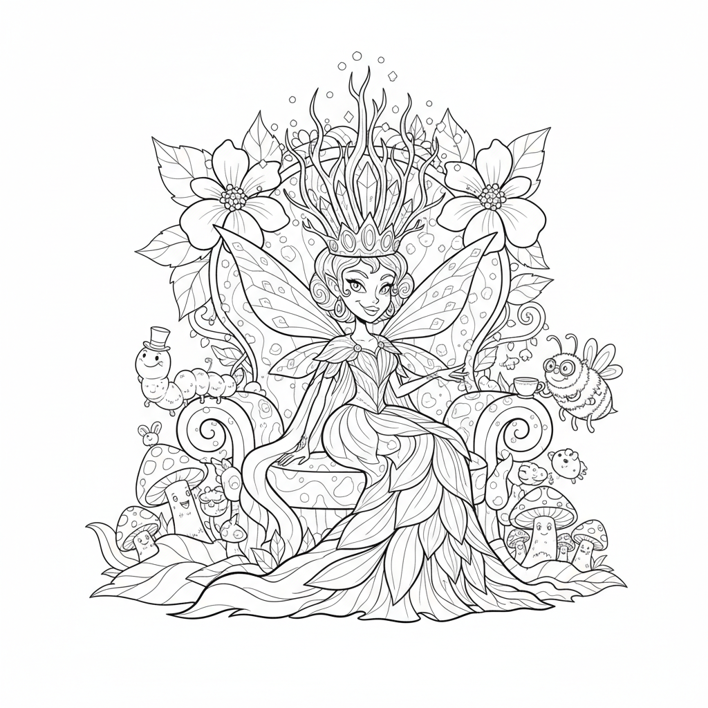 Królowa wróżek siedząca na tronie z kwiatów, nosząca majestatyczną koronę, kolorowanka dla dzieci, czarne kontury,...