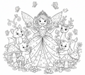 Księżniczka wróżek w błyszczącej sukni i tiarze, otoczona przyjaznymi zwierzętami leśnymi, kolorowanka dla dzieci,...