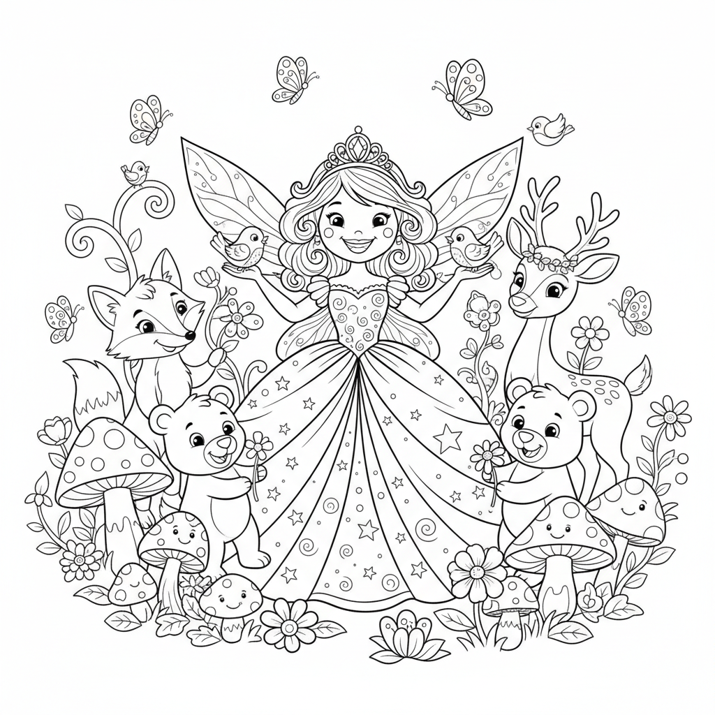 Księżniczka wróżek w błyszczącej sukni i tiarze, otoczona przyjaznymi zwierzętami leśnymi, kolorowanka dla dzieci,...