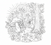 Mała wróżka bawiąca się w chowanego z wiewiórką w lesie, kolorowanka dla dzieci, czarne kontury, białe tło.