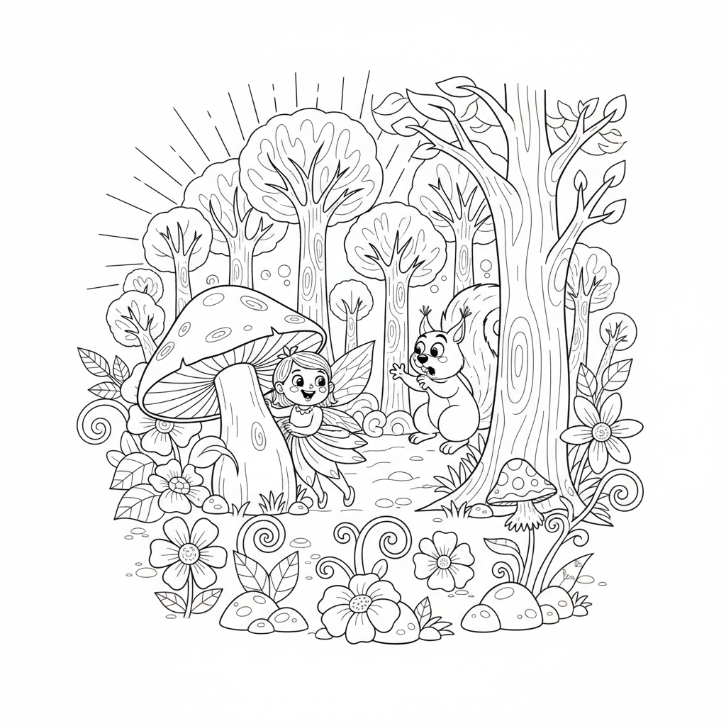 Mała wróżka bawiąca się w chowanego z wiewiórką w lesie, kolorowanka dla dzieci, czarne kontury, białe tło.