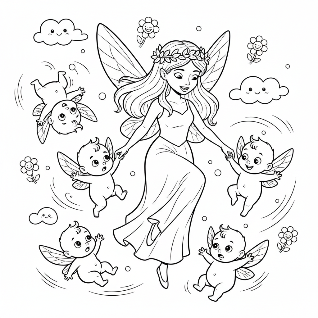 Grupa małych wróżek uczących się latać, z wróżką-mentorką prowadzącą je, kolorowanka dla dzieci, czarne kontur...