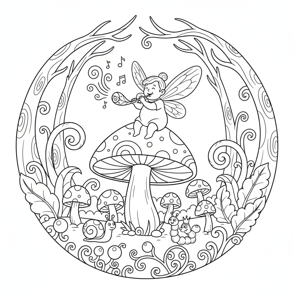 Maleńka wróżka siedząca na grzybie, grająca na fletach z liści, w magicznym lesie, kolorowanka dla dzieci, czarne ko...